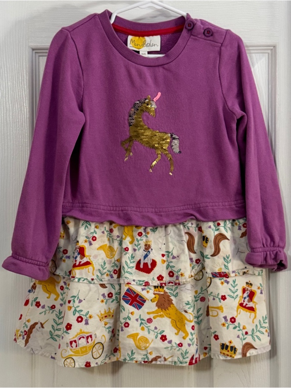 Mini Boden Baby Girl Purple Dress with Gold & Silver Sequin Unicorn Tiered Skirt